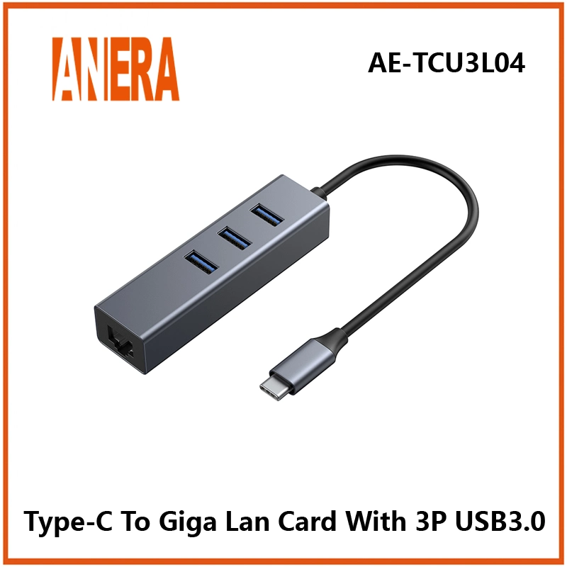 Adaptador Multifuncional de alta velocidade ANERA New Style - C para Ethernet Placa de rede de placa de rede Gigabit LAN RJ45 de 1000 Mbps com 3 portas Conversor do Hub USB3.0