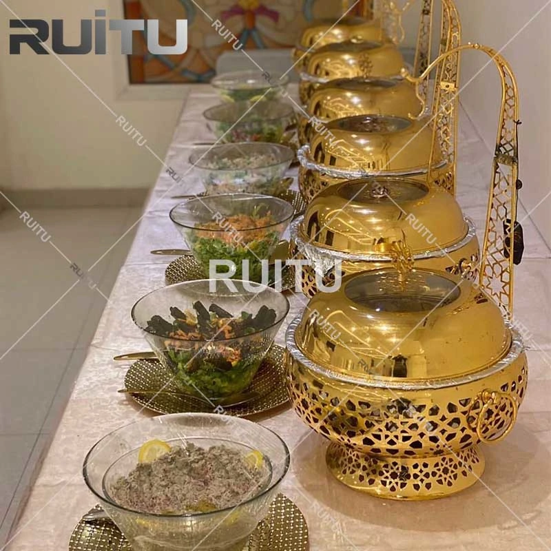 Produtos quentes de tendência Multi-Capacity Gold com tampa Hook chaffing dishes Aquecedor de alimentos Gold Silver em aço inoxidável Buffet de sopa de hotel suspenso Cubra os pratos de fricção