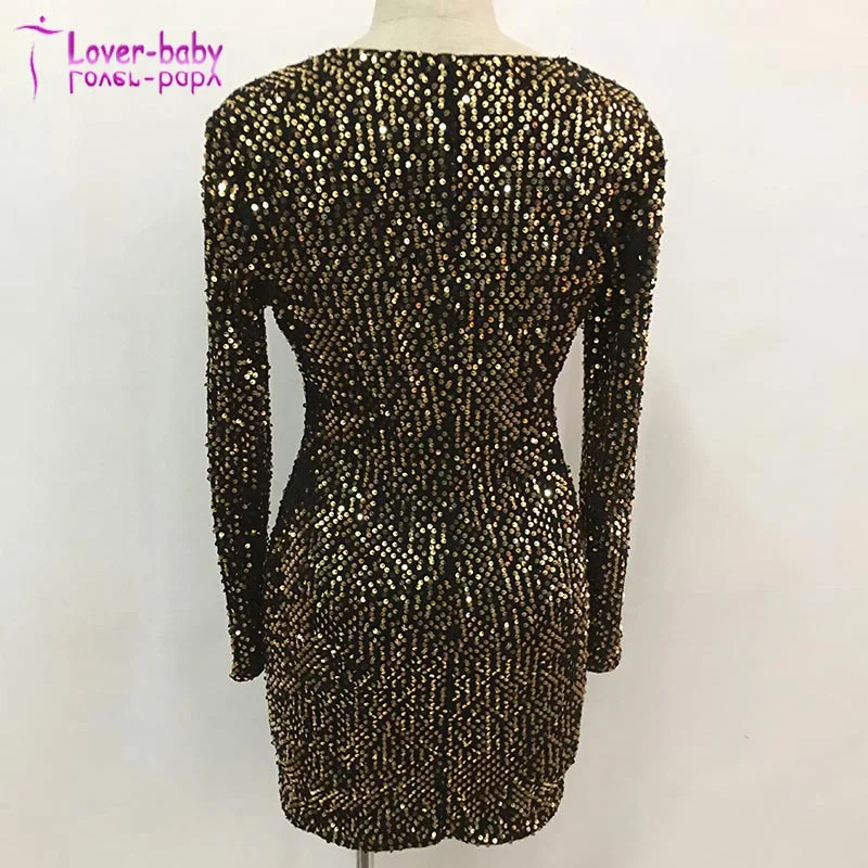 New Ladies' Fashion Elegant Gold Sequins Long Sleeves Dress