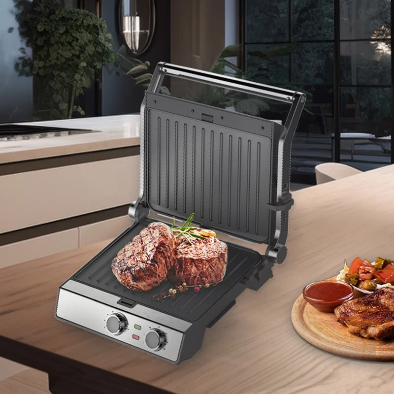 Nouveau barbecue à bouton de température pour gril amovible 4 tranches 2 000 W Revêtement antiadhésif en acier inoxydable 180 ouvert à la machine