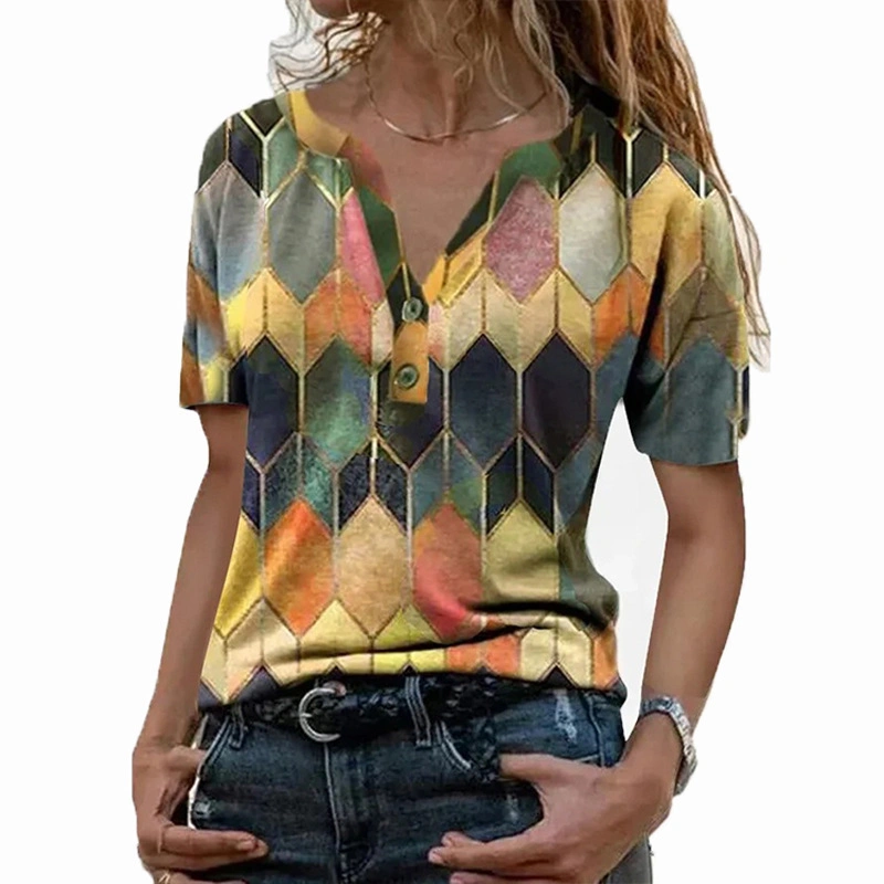 Cross Border 2023 Women's New T-Shirt Short Sleeve Fashionv-Neck Bottom Shirt Top