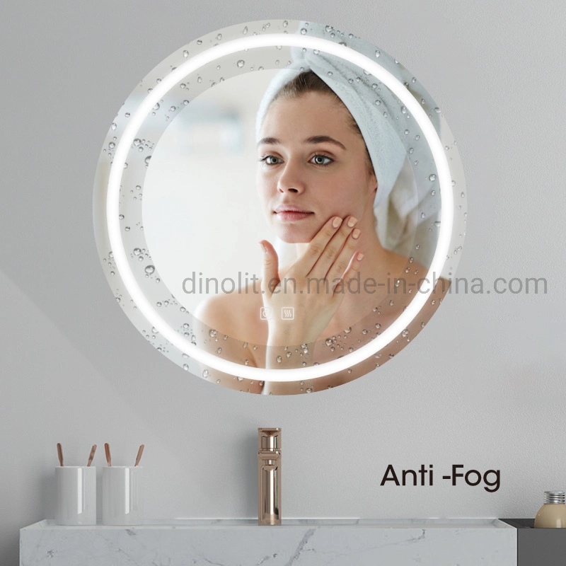 Bathroom IP44 LED Circle Dimming Light Aluminum Frame Waterproof Decorative Fogless Multi-Function Bath Vanity Mirror with Belt/Touch Switch/Anti-Fog Film