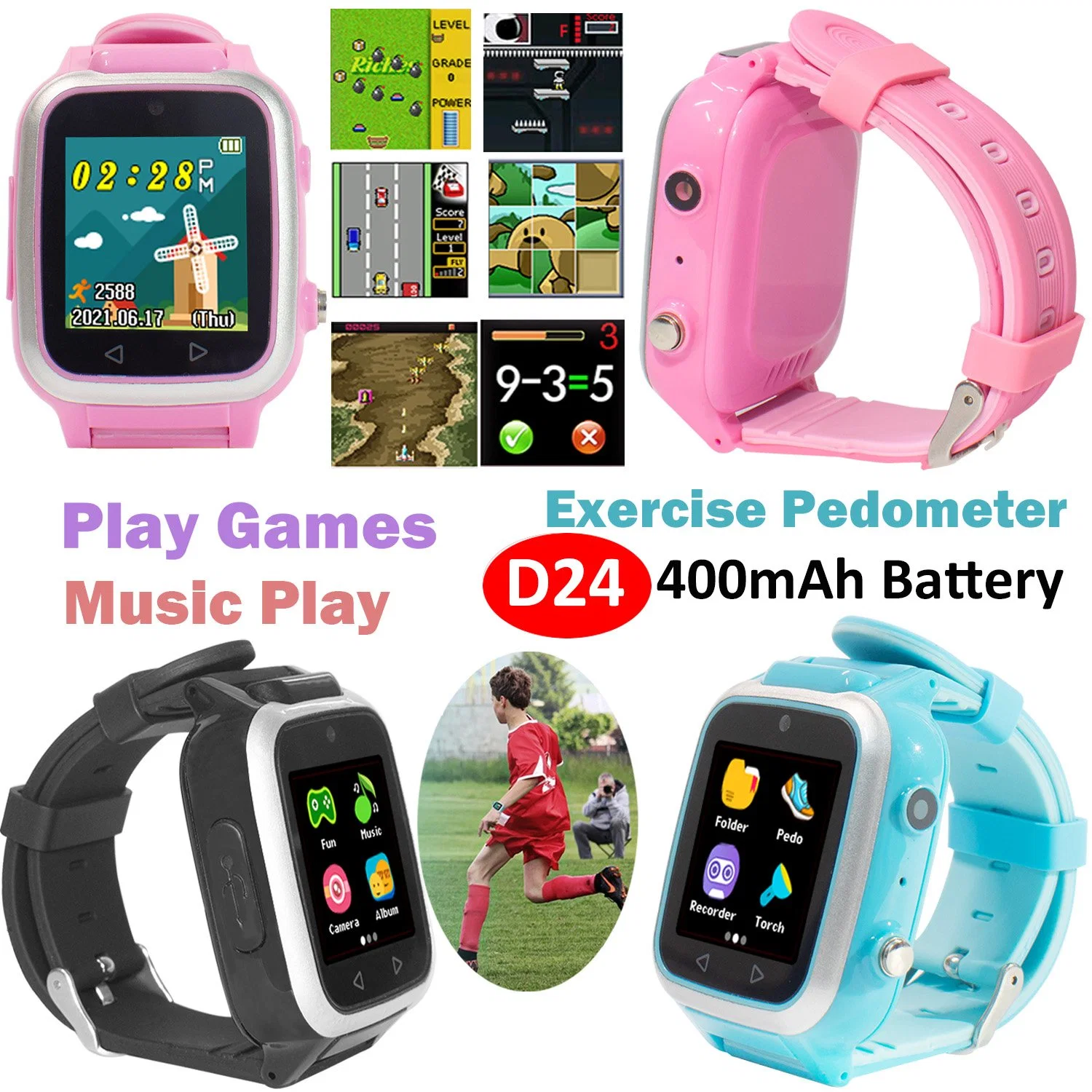 New Arrival Touch Screen Gift Child Kids Smart Game Watch with dual Camera and music play D24