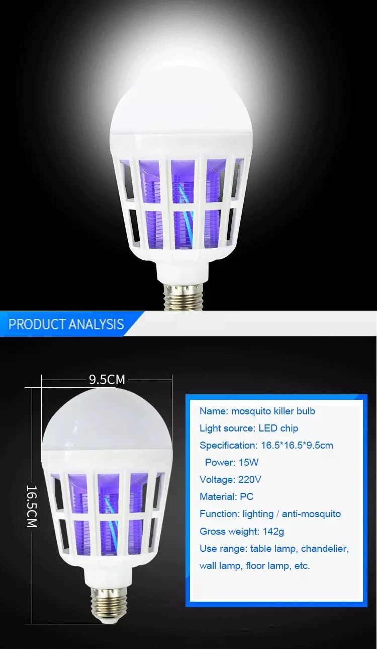 2 en 1 Control eléctrico de plagas 15W LED bombilla Mosquito Lámpara asesina