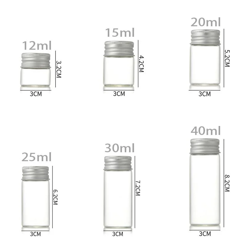 Mini tubo de vidrio 5ml 10ml 15ml 20ml 25ml 30ml 50ml 60mL 100ml 120ml frasco de viales de vidrio transparente con aluminio Tapón de rosca