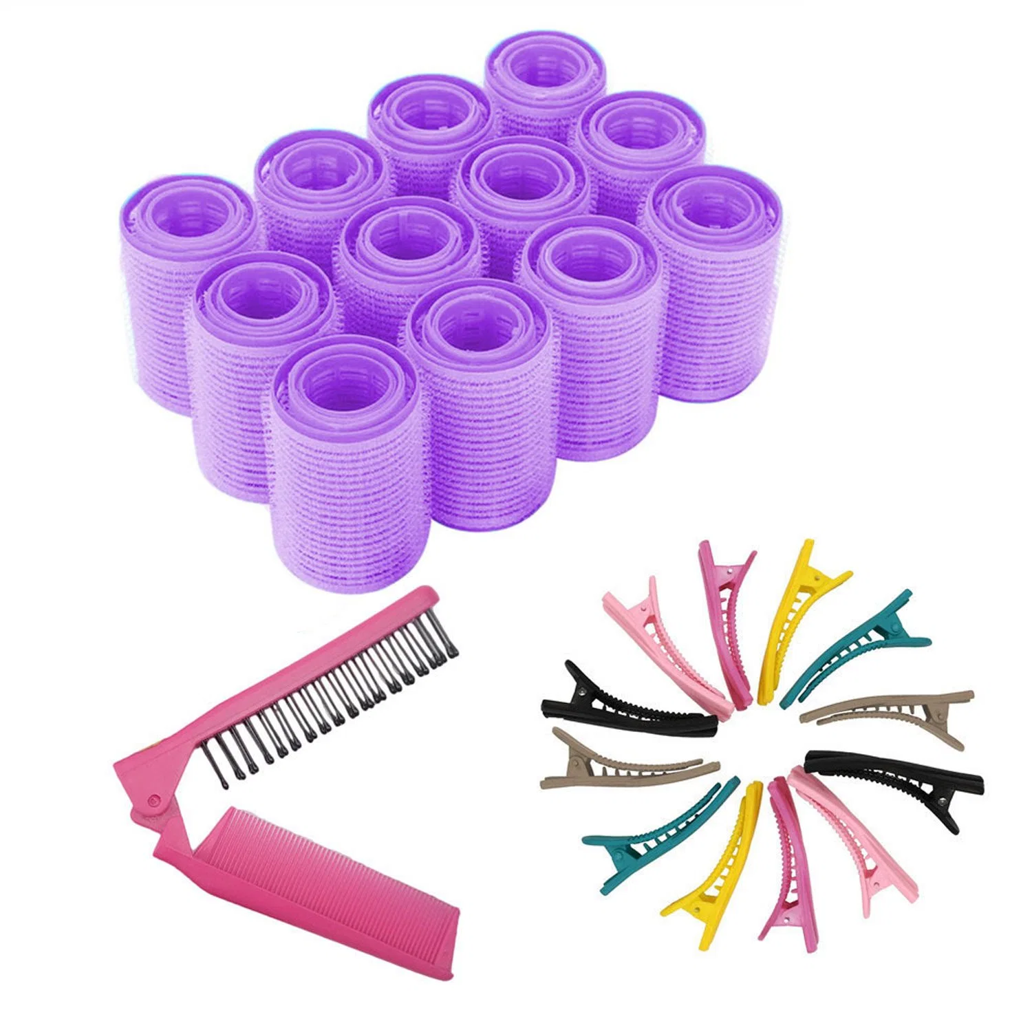 Hairdressing Self Grip Rollers Set Folding Pocket Plastic Comb Duckbill Clips Hair Curlers