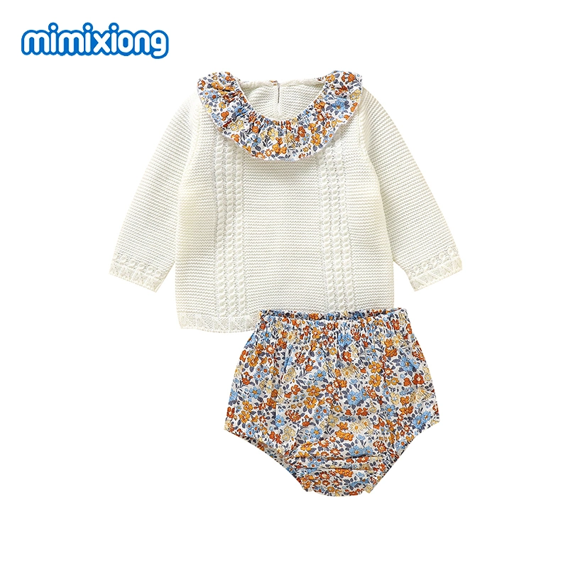 Mimixiong Wholesale Infant Baby Clothing Soft Warm Flowers Pattern Baby Knitted Pullover Sweater and Pants Sets for Girls