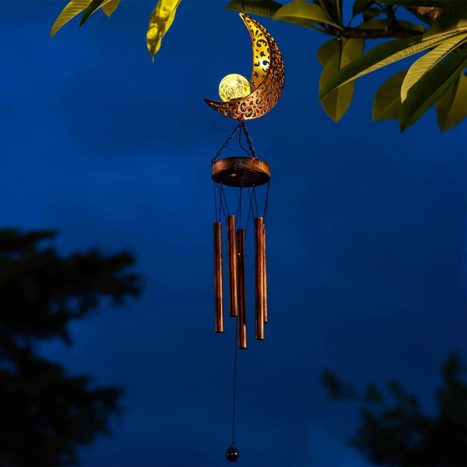 Solar Wind Chimes Home Decoration, Moon Wind Chime Crackle Glass Ball Warm LED Night Light, Unique Hanging Outdoor Decor with Metal Tubes Waterproof for Garden