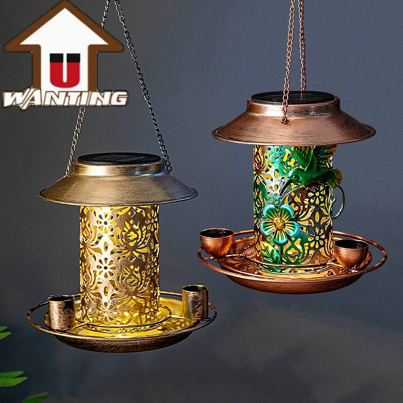 Garden Outdoor Hanging Bird Feeding Apparatus Metal Colorful Device with Solar Light