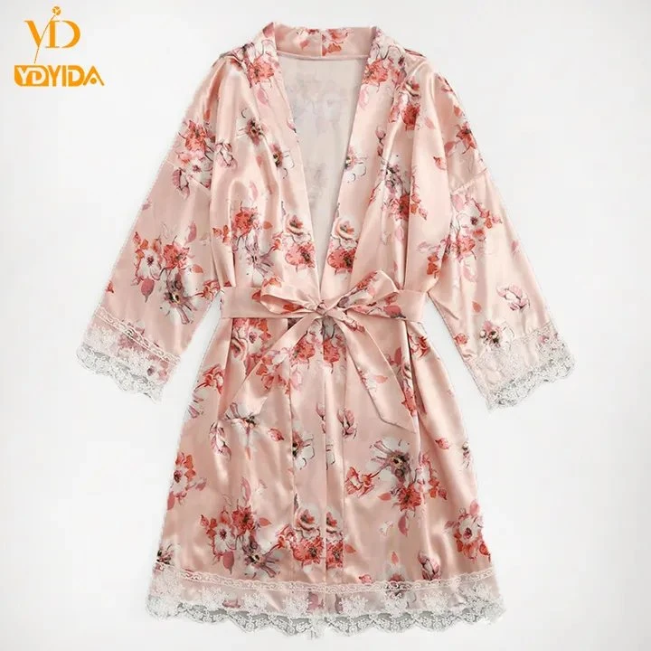 Vestido de Encaje Floral rosa arriba y abajo de 3 piezas conjuntos pijamas Sexy dormir dormir cómodo Camisón Manga Albornoz camisón de desgaste