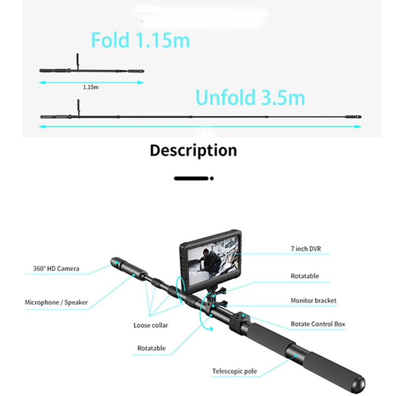 2MP 7inch Detector de vida de rescate de incendios de terremotos Pan/ Tilt 360 Talk Back Cámara de Inspección de Polo Telescópico Intercom