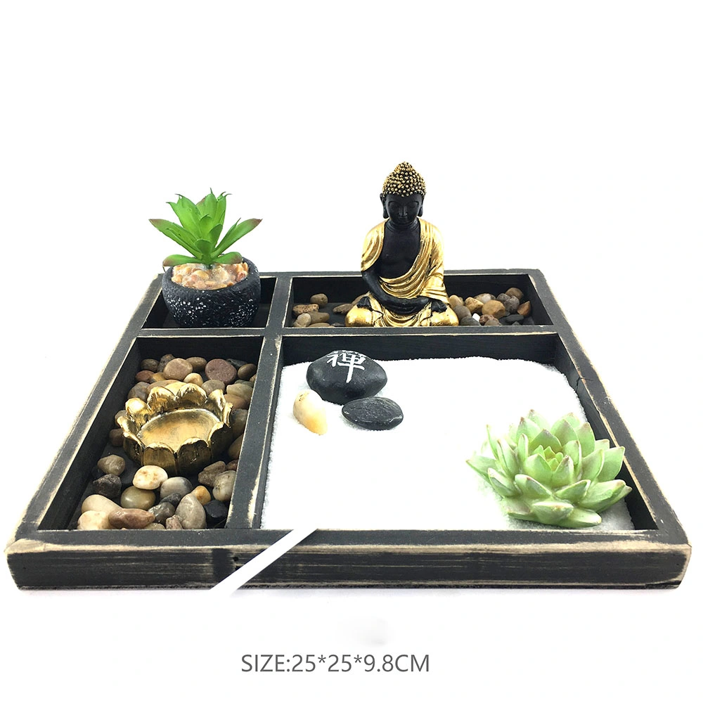 Wooden Zen Garden Set Include Buddha, Decoration Stone, Candle Holder, Sand