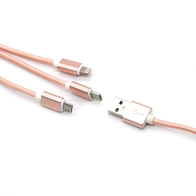 Wholesale/Supplier Nylon Braided Three in One Cable 3 in 1 Multi-Function 2V Fast Charing USB Charging Sync Data Cable for Micro Type-C Lightning USB