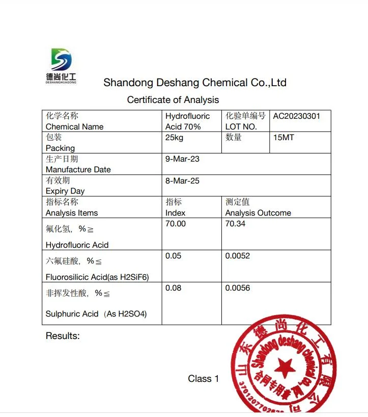 Utilização de grau industrial em fluoreto de hidrogénio de ácido HF metalúrgico 7664-39-3 Fluorídrico a 55% a 70%