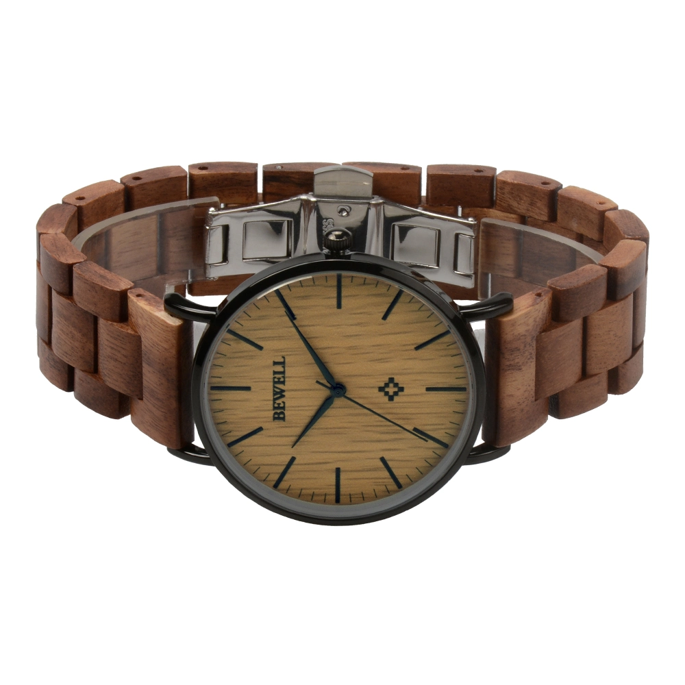 Bewell on Sales Fashion Minimalist Couple Watch Custom Logo Ss Wrist Watch with Wood Wristband