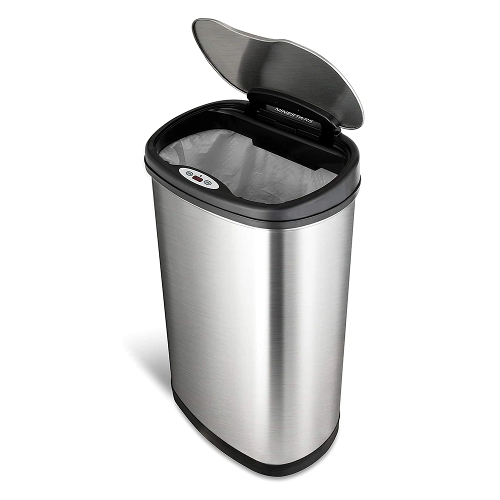 Automatic Touchless Motion Sensor Oval Trash Can with Black Top, 50 L Stainless Steel