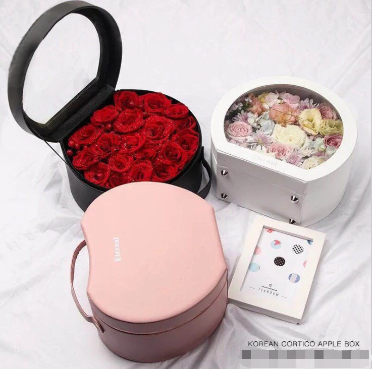 Apple-Shaped PU Leather Flower Box Ikebana Box Bouquet Gift Box with Handle