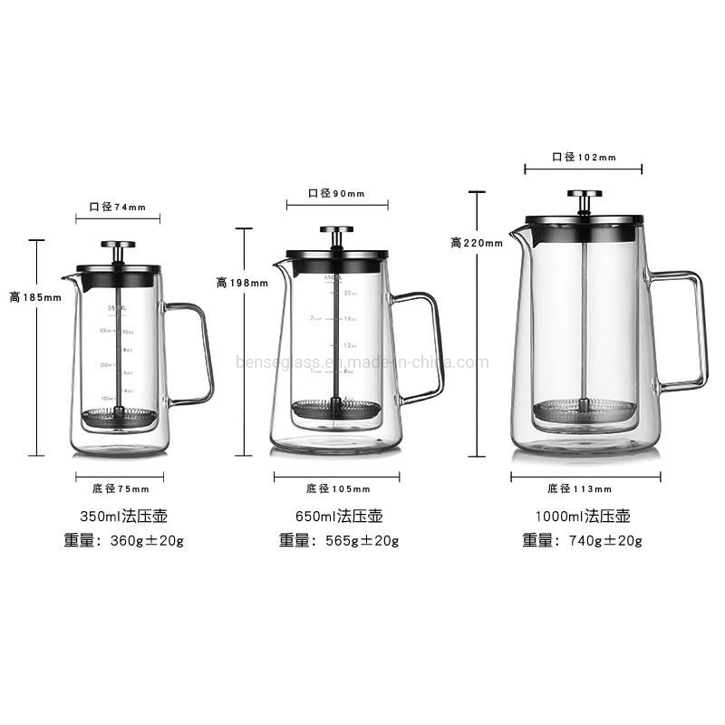 Venta caliente de la fábrica de alta calidad Personalizar 1000ml Vidrio de borosilicato de doble pared Cafeteras Maker café francés pulse