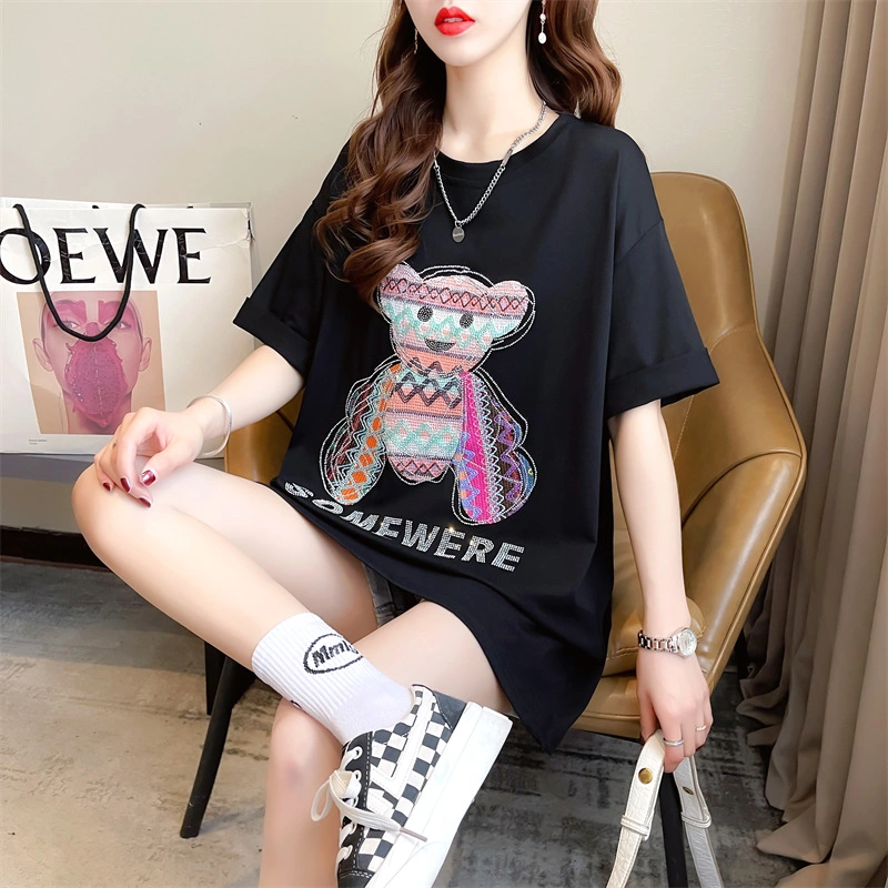 a Generation of New Summer European Goods Large Size Pure Cotton Women's T-Shirt Heavy Industry Ironing Drill Design Sense Female Tide Short Sleeve Slimming