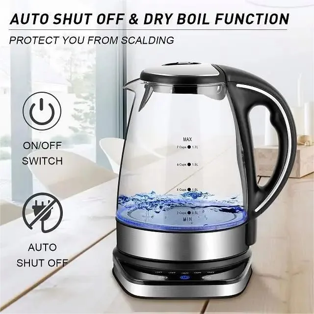 Kitchen Appliances Blue LED Light Electric Hot Water Glass Kettles with Customized Services