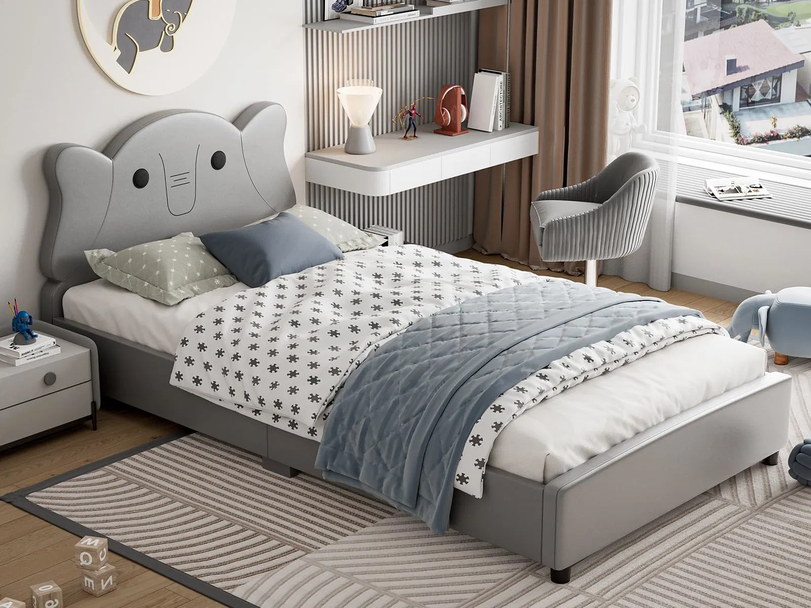 Elefant Kinder Gepolstertes Doppelbett, Kinder Twin Plattform Bettgestell