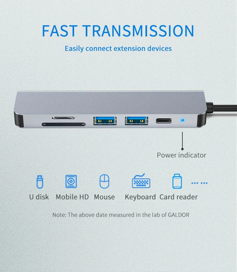 High Speed Performance 6 in 1 USB C Portable Type C Hub Adapter with Pd87W USB3.0/2.0 Hub SD/TF 2.0 Card Reader and HDMI