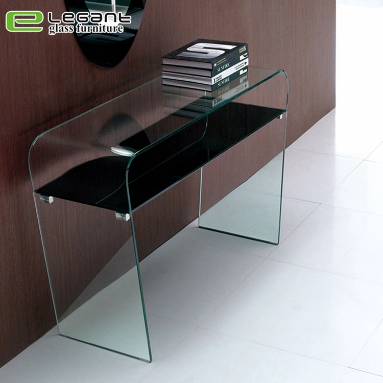 Clear Bent Glass Console Table with Tempered Glass Shelf