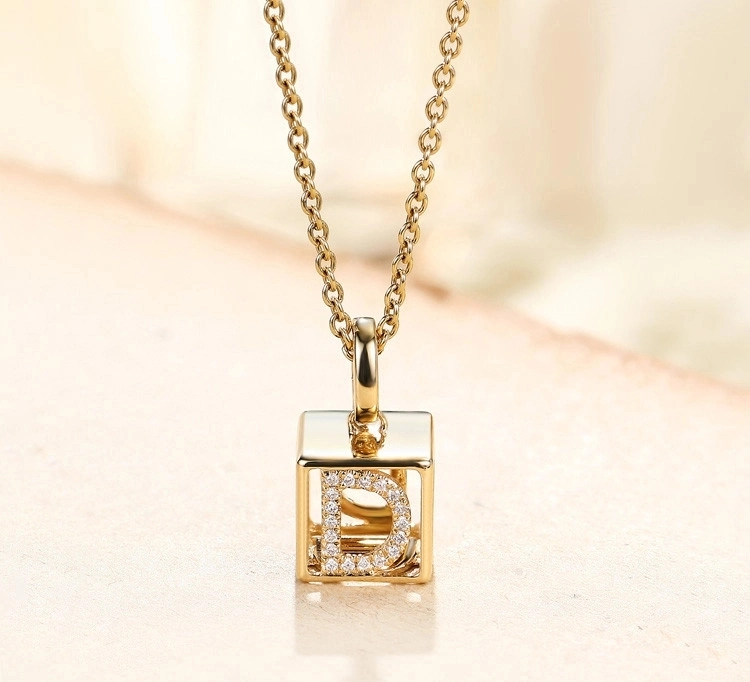 0.03CT 18K Yellow Gold Diamond Necklace a-Z Initials 3D Cube