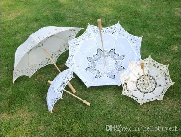 Pure Cotton Lace Wedding Umbrella Parasol Romantic Bridal Photograph Long Handle Handmade Art Wedding Scallop Edge Embroidery