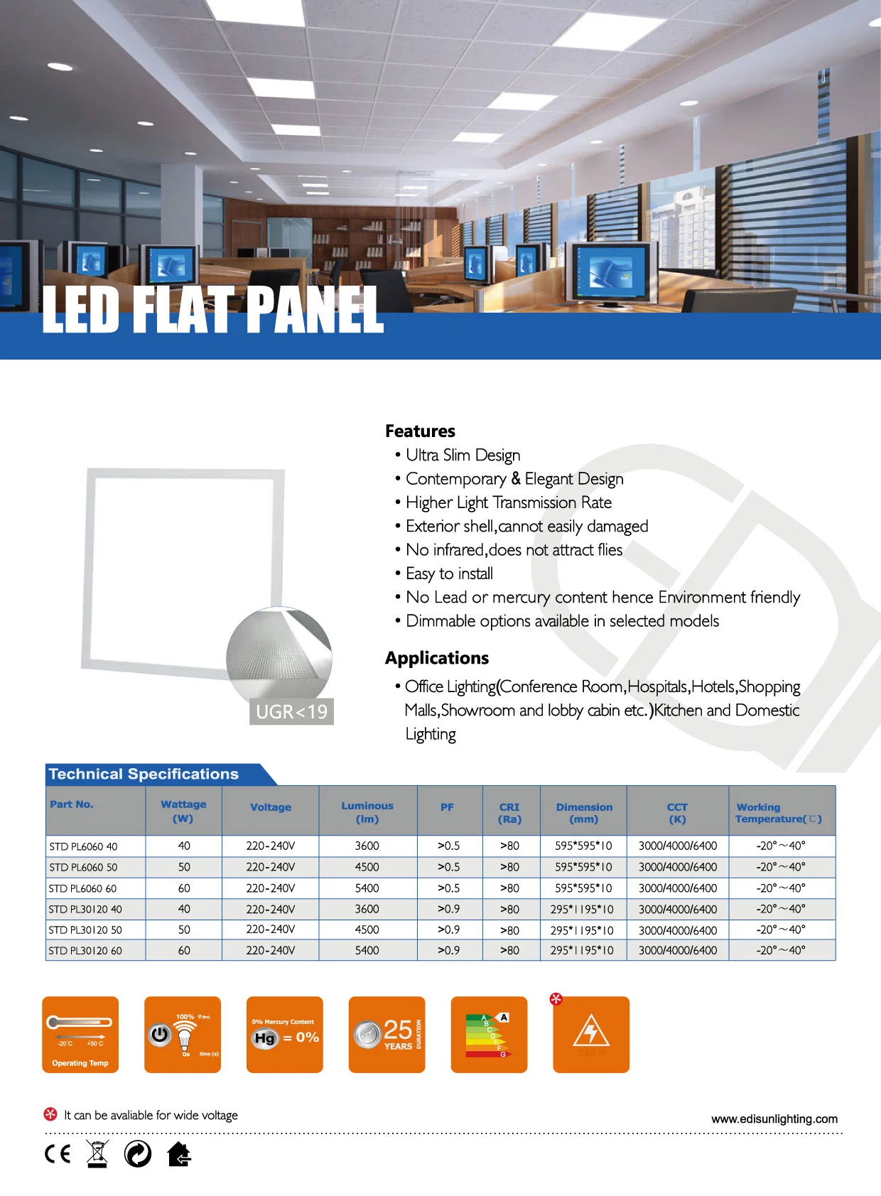 60X60 60W Ultra-Thin Indoor Office Lighting LED Panel Light