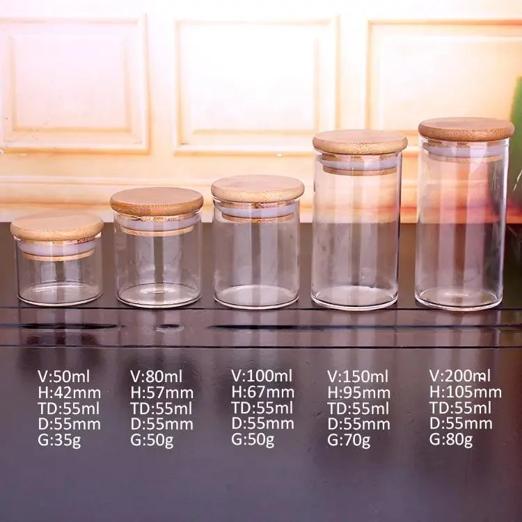 Wholesale/Supplier Empty High Borosilicate Round 50ml 250ml 450ml 1000ml Multi Size Spice Glass Jar Container with Bamboo Wooden Lid