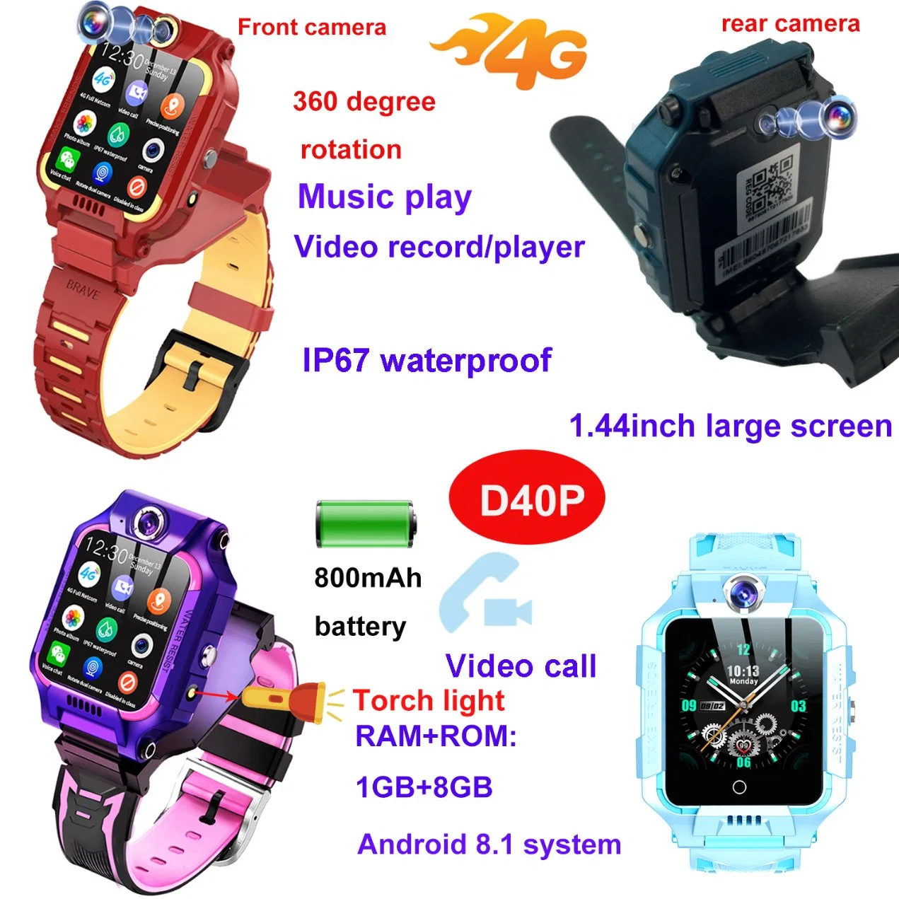 Новый разработанный 4G IP67 водонепроницаемый Китай заводской ротация Дети студенты Безопасность GPS Tracker Smart Watch с фонариком для видеовызова D40P