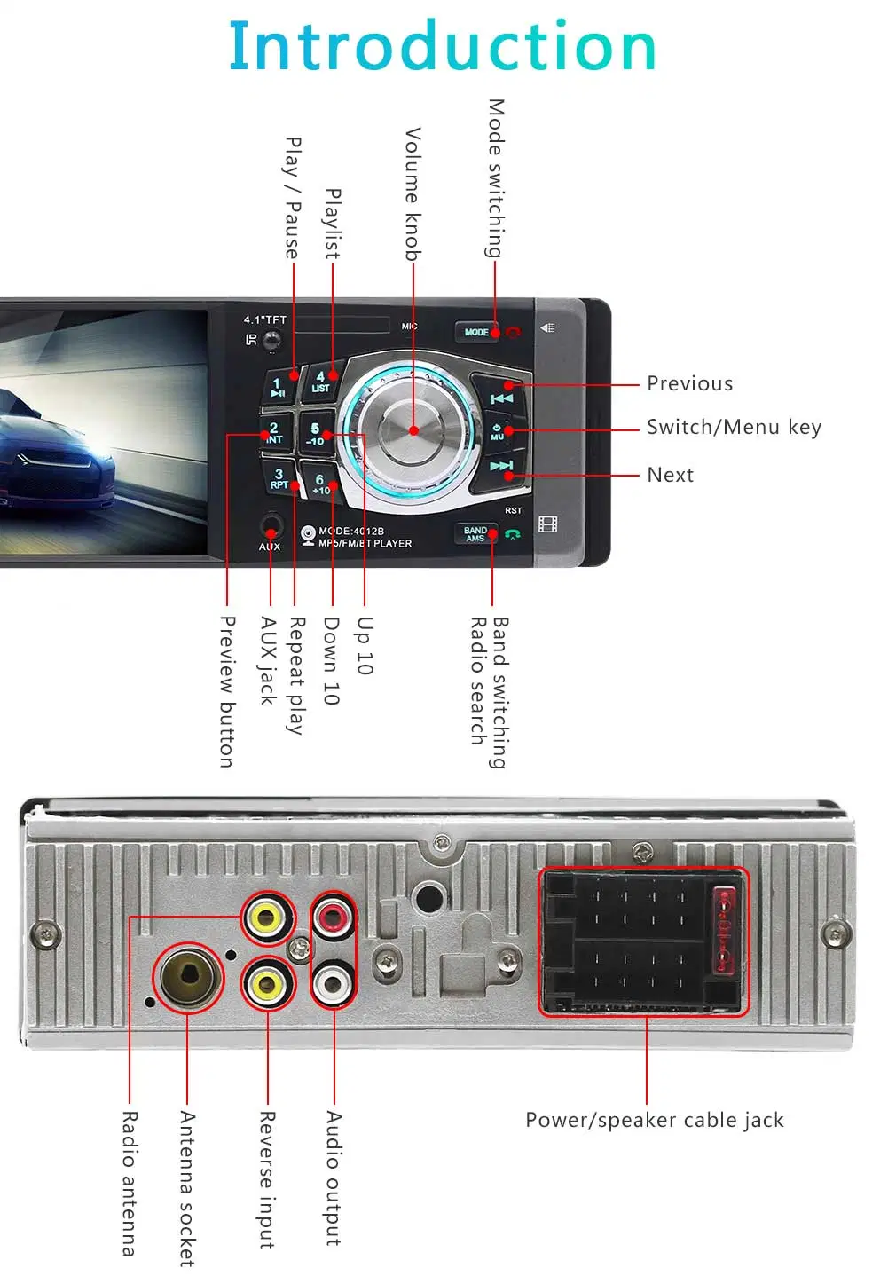 Sistema de radio universal MP5'' 1 DIN 4,1 Auto Audio receptor estéreo para coche Soporte FM Bt USB Aux TF Card Radio coche