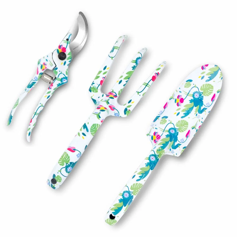 Garden Tools Set of 3PC Floral Design Clippers Trowel Weeding Fork Plant Gardening Trowel, Cultivator, Pruning Shear