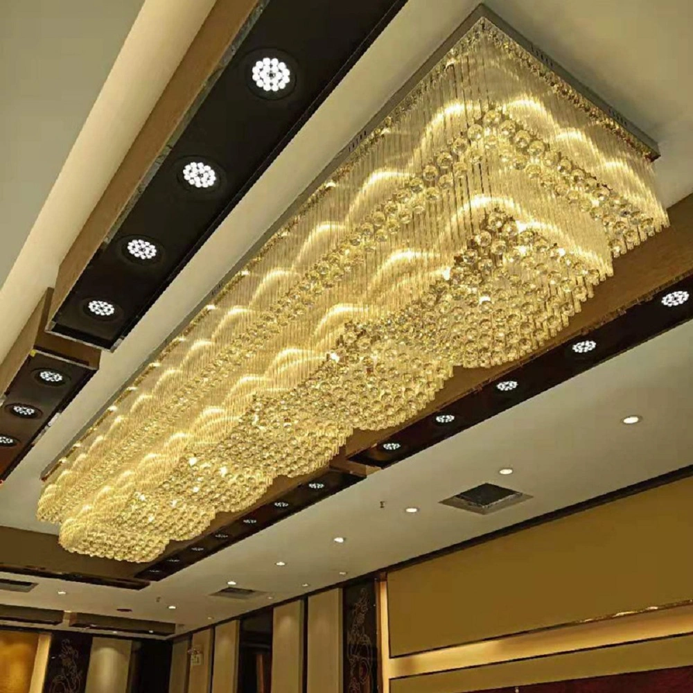 Proyecto de gran araña de cristal de estilo de onda en el interior del rectángulo de LED Lámparas de techo el vestíbulo del Hotel Gran Sala montaje lineal colgante
