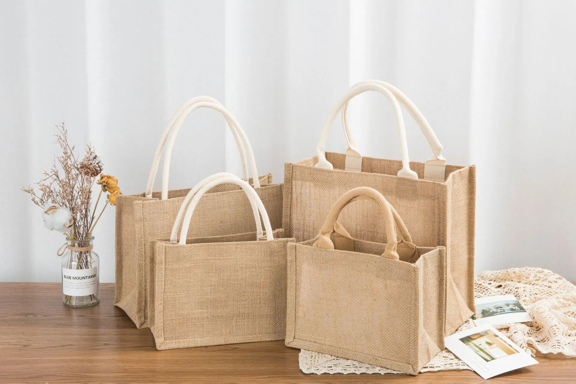 Waterproof Laminated Durable Retro Handbag Linen Lunch Bag Jute Tote Bag