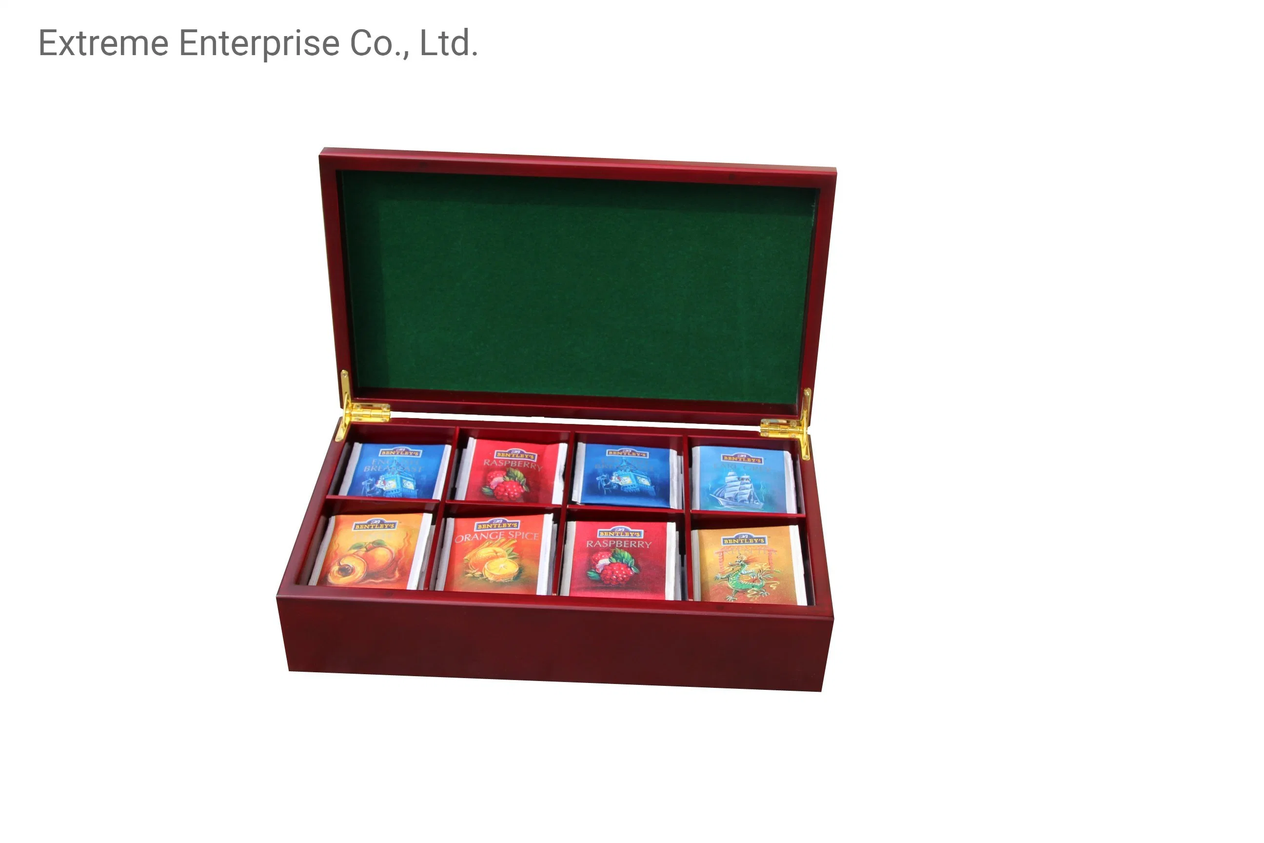 Caja de regalo de té hecha a mano de madera maciza de caoba rica con compartimentos y cajas de almacenamiento y soporte para bolsas de té con 8 compartimentos