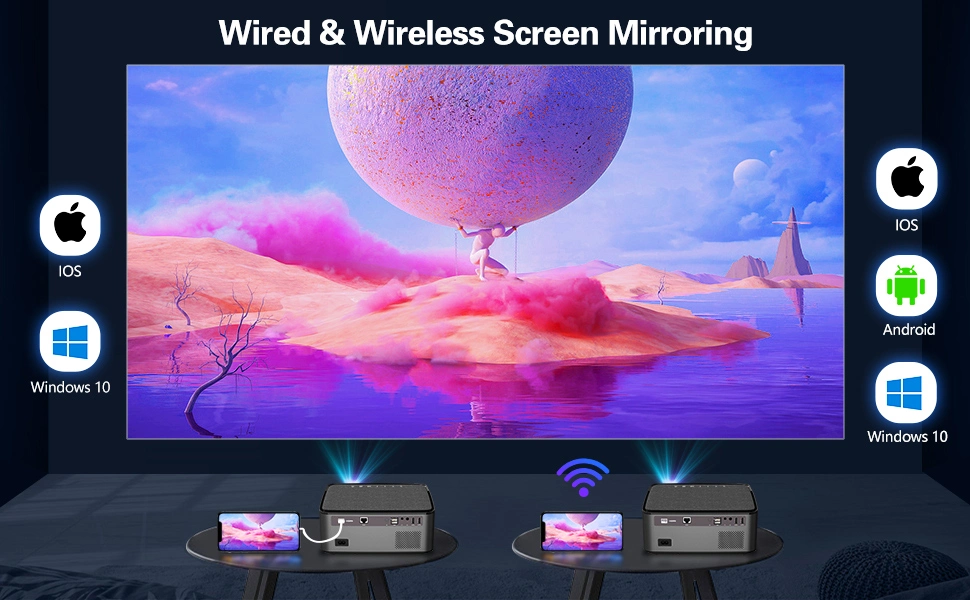 Portable Mini HD LED Support Wireless Mirror Screen Home Theater LED LCD Projector Android 9.0 Proyector 5 Inch Projection Screen Video Cinema Projector