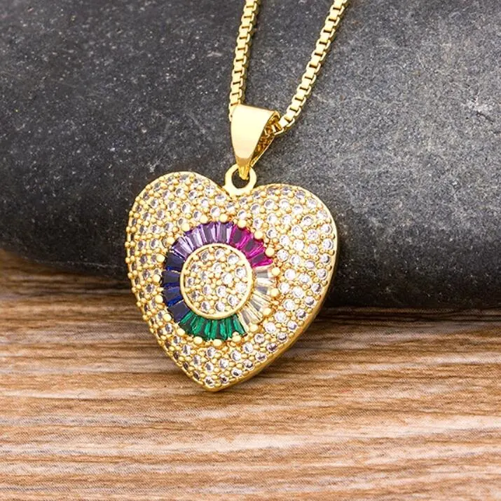 Rainbow Zirconia Jewelry Wedding Gift New Design Fashion Heart Pendent for Women Charm Chain Lovers Copper Necklaces