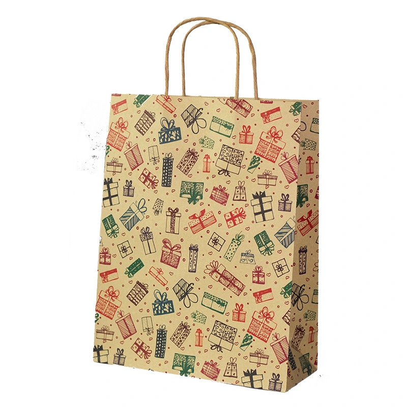 Custom Printed Christmas Style Brown Kraft Paper Bag Grocery Store Promotional Shopping Packaging Bag