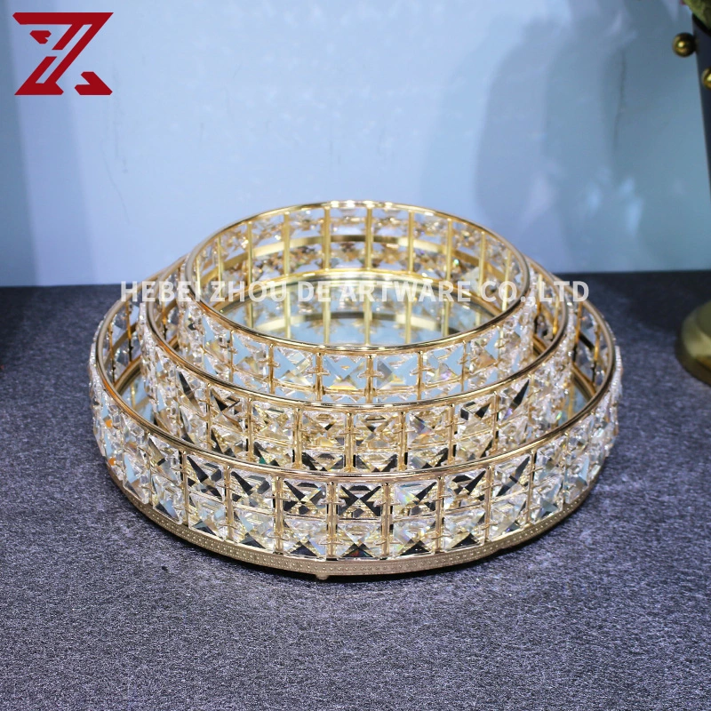 High Quality Round Gold Glass Serving Trays Metal Electroplating Crystal Mirror Tray for Luxury Decorative