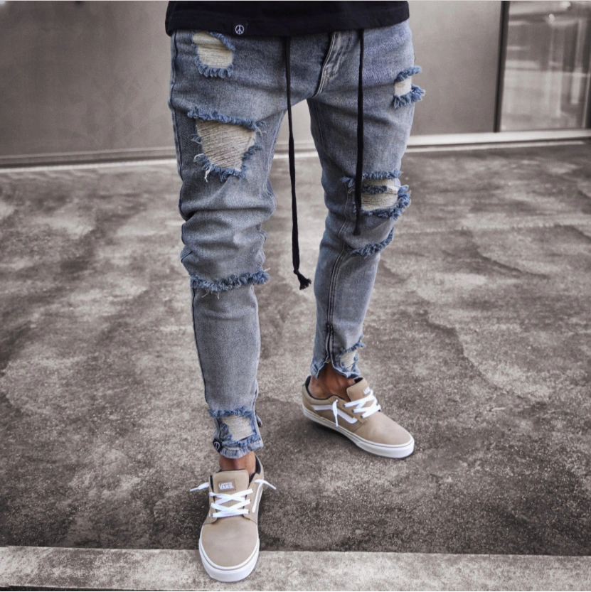 New Jeans Men's Hot Cross-Border Denim Knee Rips Zipper Trousers Zipper Men's Denim Pants