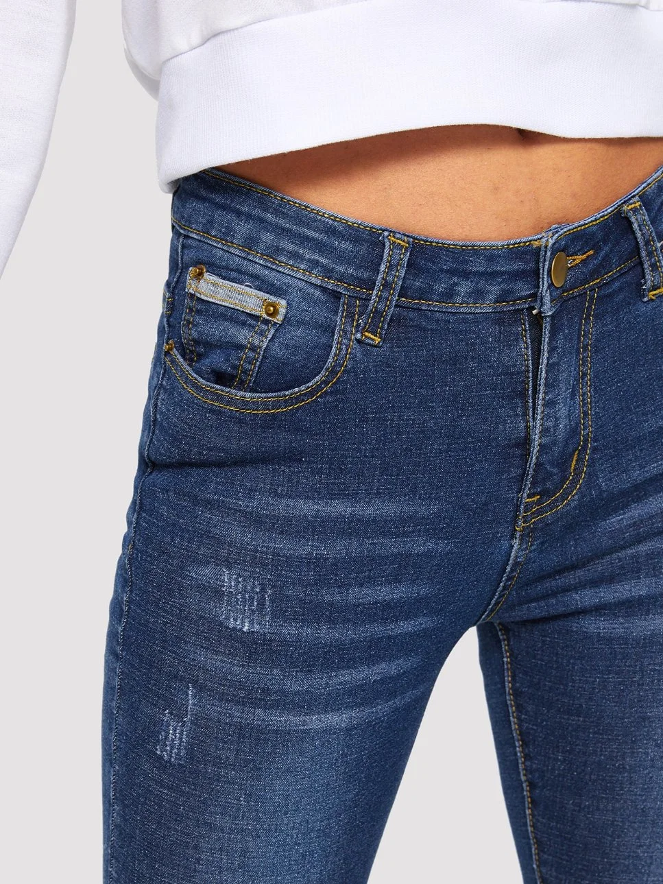 Con Cintura baja de mediados de-Azul cero y doble la parte inferior de la calidad de estiramiento Hem nueva moda Dama Jeans vaqueros Slim montaje