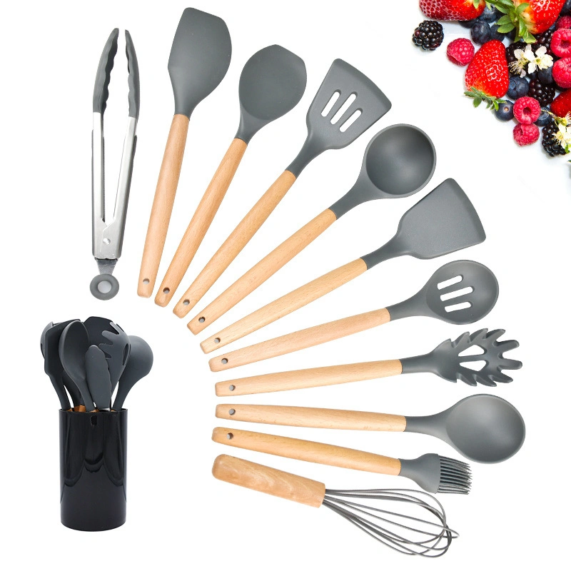 Silicon Cutlery Set, Heat Resistant, High Temperature Silicon Kitchen Tool with Wooden Handles Kitchen Accessory