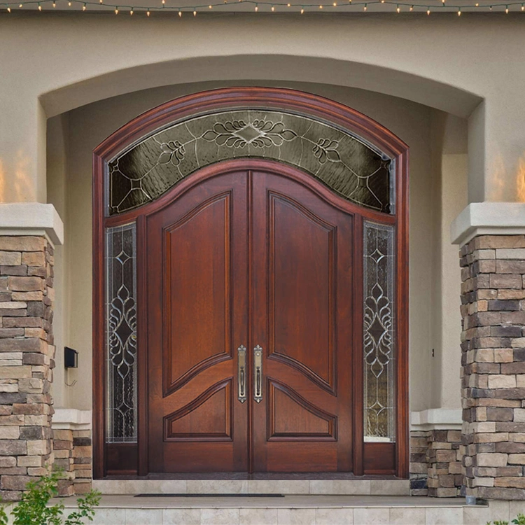 Diseño de puerta principal de madera redonda de lujo con ventana de vidrio para protección moderna contra robos en residencias