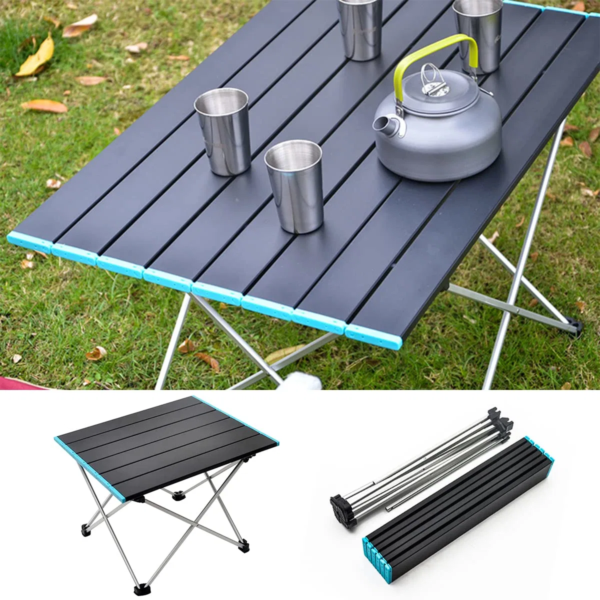 Black Portable Beach Picnic Table Lightweight Aluminum Compact Side Camping Table