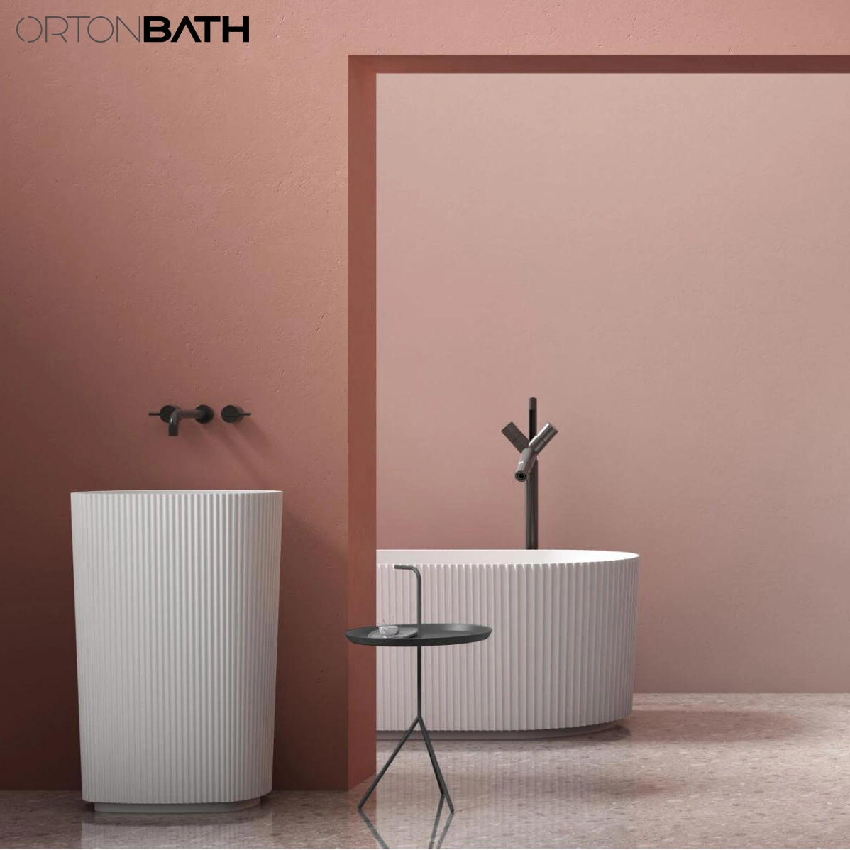 Ortonbath White Oval Large Adult Bathroom Tub Acrylic Solid Surface Bathtub Freestanding Deep Soaking Bathtub with Center Drain Overflow Vertical Groove