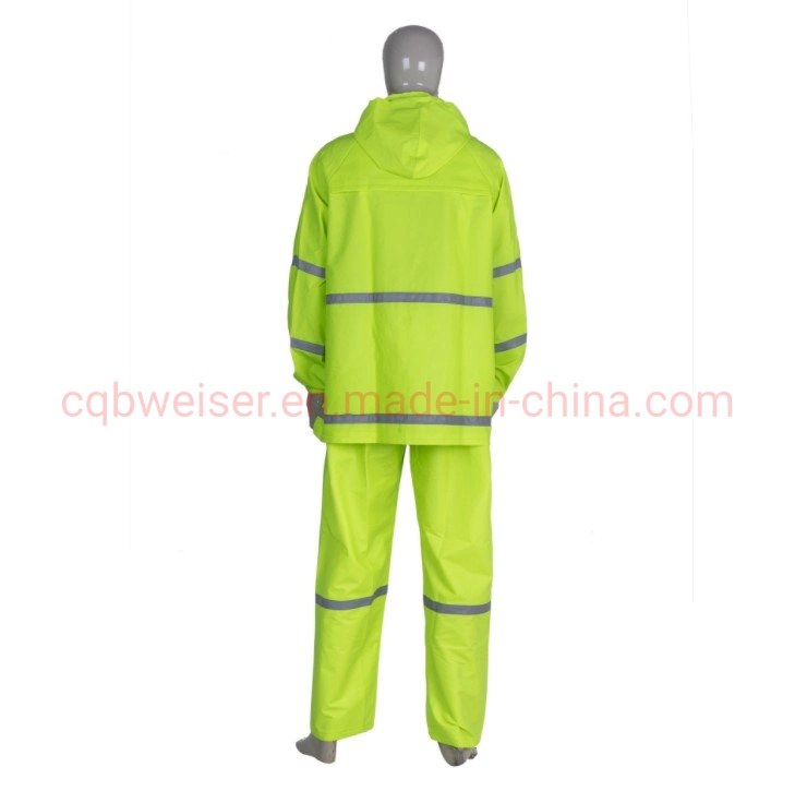 Verde fluorescente dos piezas resistentes al agua Rainwear reflectante adultos traje de lluvia