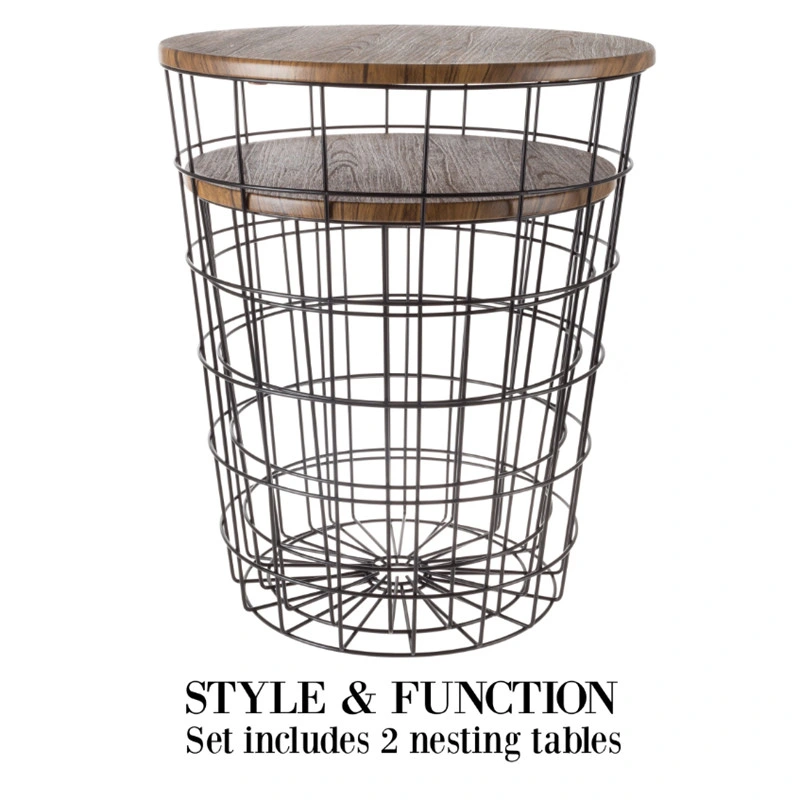 Round Metal Basket Wooden Nesting Coffee Table with Storage Nordic