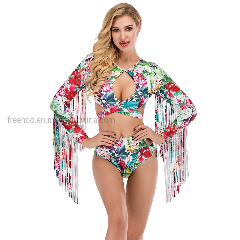 2021 Custom Mature Mesh Floral Print with Long Sleeves in Tassels Sexy Swimwear High Waist Bikini